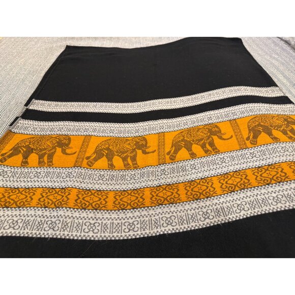 Elephant-Themed Black & Orange Shawl Scarf or Throw With Fringe - Picture 6 of 9